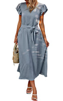 1 x RAW Customer Returns Toplop Dresses Women Long Round Neck Summer Dress Boho Office Beach Dress Belt Wrap Dress Ruffles Short Sleeve Swing Maxi Dress Business Outfit with Button and Pocket 76Gray Blue M1 - RRP €38.99