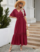 1 x RAW Customer Returns KOJOOIN women s summer dress lace short sleeve maxi dresses boho beach dress long ruffle flounce dress V-neck casual dress with buttons party dress REUSEABLE packaging , A-wine red, XXL - RRP €36.29