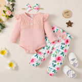 4 x Brand New Haokaini Newborn Baby Girl Clothes Ruffle Long Sleeve Lace Romper Top Bodysuit Floral Pants with Headband 3Pcs Outfits for 0-18M - RRP €76.6