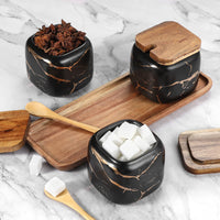 1 x RAW Customer Returns TELANKS Ceramic Sugar Bowl Set, 3pcs Condiment Box with Lid and Spoon and Tray, Spice Jar Kitchen Spice Jar Box, Kitchen Utensils Supplies for Spices, Black - RRP €27.22