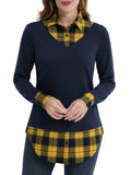 1 x RAW Customer Returns DJT FASHION Women s 2-in-1 Checked Casual Blouse Long Sleeve Shirt Navy - Yellow Plaid XL - RRP €22.99