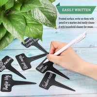 1 x RAW Customer Returns Whaline 100pcs T-shape plastic plant markers black plant labels for labeling weatherproof waterproof reusable plant labels and 1 white marker pen for flowers seeds vegetables - RRP €10.49