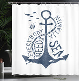 1 x RAW Customer Returns ABAKUHAUS Anchor Shower Curtain, Sea Words Monochrome, Textile Bathroom Decoration Set with Hooks, 70 x 71 , Dark Blue and White - RRP €32.99