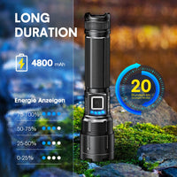 1 x RAW Customer Returns PUAIDA LED flashlight rechargeable, 10000 lumens extremely bright LED flashlight battery operated with power bank and 5 modes, IP65 waterproof flashlight zoomable with battery for outdoor camping emergencies - RRP €19.99