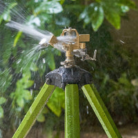 1 x RAW Customer Returns Hawthyhome tripod garden sprinkler, lawn sprinkler large areas, 360 degree brass nozzle, impact sprinkler height-adjustable extension legs impulse sprinkler, folding closure with brass sprinkler, green - RRP €57.99