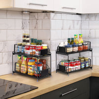 1 x RAW Customer Returns Under Sink Shelf, 2 Tier Kitchen Cabinet Organizer with Stainless Steel Tube, Sink Cabinet, Under Cabinet Organizers and Storage with 2 Basket Pull-Outs, Extendable, Cabinet Baskets for Kitchen, Bathroom - Black - RRP €31.99