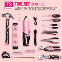 1 x RAW Customer Returns WORKPRO 73-piece tool set pink with cordless screwdriver small, pink metal tool case filled for household repair with spirit level, water pump pliers, Mother s Day gift for mom DIYer - RRP €66.54