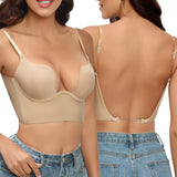 1 x RAW Customer Returns CMTOP Women s Deep U Backless Bra Push Up Wireless Multiway Bra for Basic Bralett Give 3 Pieces Straps, Skin Color, 85B  - RRP €17.46