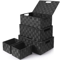 1 x RAW Customer Returns Storage box set of 5, 34 cm storage basket with lid, stackable multi-purpose, storage boxes for storing and organizing bathroom room towels makeup black  - RRP €45.97