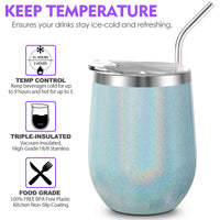 1 x RAW Customer Returns THILY Vacuum Insulated Stemless Wine Glass, 12oz Stainless Steel with Leak Proof Lid, Straw, Cute Mug, Keeps Cold and Hot for Coffee, Cocktails, Drinks, Glittery, Light Blue - RRP €18.04