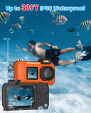 1 x RAW Customer Returns MOREXIMI 33FT Underwater Camera 4K 65MP Waterproof Camera, Underwater Camera for Snorkeling with 64GB Card Autofocus Selfie Dual Screen, Digital Camera Waterproof Compact Floatable Orange  - RRP €119.99