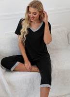 1 x RAW Customer Returns PrinStory Women s Pajamas 2 Piece Pajamas Set Short Sleeve V-Neck Nightwear House Suit Leisure Suit Black, M  - RRP €26.21