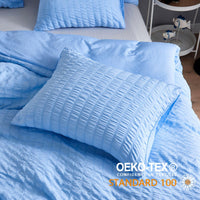 1 x RAW Customer Returns Freyamy Seersucker Bed Linen 155x220cm 2-piece Blue Embossed Stripes Structured Bedding Sets Plain Brushed Microfiber Soft Duvet Cover with Zipper and 1 Pillowcase 80x80cm - RRP €28.09