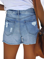 1 x RAW Customer Returns Sovoyontee Women s High Waist Denim Shorts Casual Ripped Summer Hot Pants Frayed Distressed Jeans Pockets Sky Blue S - RRP €34.27