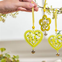 8 x Brand New Valery Madelyn Set of 4 Easter Ornaments, Spring Decor, Metal Hanging Tree Ornaments, Yellow and Green Heart, Flower with Birds and Small Bell, Pendants for Decor - RRP €153.6