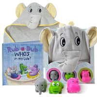 1 x Brand New Tickle Main Rub-a-Dub Gift Set, 5 Piece Bath Set including Elephant Hooded Towel, 3 Jungle Safari Squirt Toys and Book for Boys and Girls  - RRP €29.63