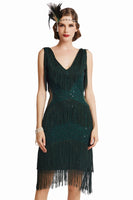 1 x RAW Customer Returns Coucoland Vintage 1920s Fringe Dress V Neck Vintage 1920s Sequin Sleeveless Gatsby Dress Dark Green S - RRP €54.71