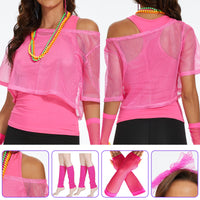 1 x RAW Customer Returns Ulikey 80s 90s outfit women, 80s clothing women s set, mesh shirt, tank top, necklace, bracelet, earrings, glasses, headband, 90s neon party outfit theme party accessories pink, L  - RRP €28.22