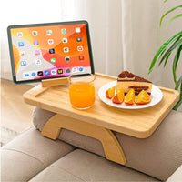 1 x RAW Customer Returns Sofa Tray with Rotating Cell Phone Holder, Bamboo Wood Foldable Clip-on Sofa Tray for Wide Sofas, Non-Slip Sofa Armrest Cup Holder - RRP €40.33