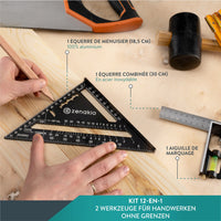 1 x RAW Customer Returns Carpenter s square 12-IN-1 - Complete set with stop square set of 2 - Carpenter s square metal 185mm bevel marking tool 300mm - Angle woodworking tool - With protractor - RRP €18.38