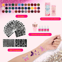 8 x Brand New PAMIYO Glitter Tattoo Set Children, 36 Tattoo Colors with 300 Stencils 4 Skin Glue 5 Brushes Waterproof Temporary Tattoos Girls Boys Adults Gift for Christmas Halloween Birthdays Party - RRP €129.04