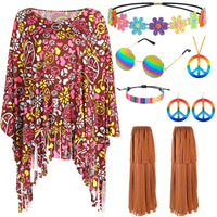 1 x Brand New 60s 70s Hippie Costume Set, 7 Piece, Hippie Clothing for Women, with Poncho, Leg Sleeves, Headband, Sunglasses, Peace Sign, Necklace, Earrings, for - RRP €24.49