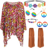 1 x RAW Customer Returns 60s 70s Hippie Costume Set, 7 Pieces Hippie Clothing for Women with Hippie Poncho Tassels Leg Sleeves Headband Sunglasses Peace Sign Necklace Earrings for Women Carnival Motto Party - RRP €24.7