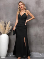 1 x RAW Customer Returns Missufe Evening Dresses Party Dress Spaghetti Straps Sleeveless Wrap Dress Women Slit Cocktail Maxi Long Wedding Ball Gown Black, Small  - RRP €48.99