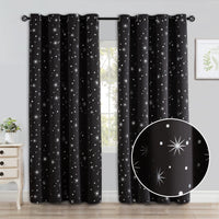 1 x RAW Customer Returns CUCRAF Opaque Black Curtains with Eyelets Silver Foil Star Design Thick Curtains Blackout Thermal Curtain for Bedroom, Children s Room, Set of 2 H 245 x W 140 cm, Black - RRP €44.87