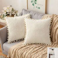 1 x RAW Customer Returns MIULEE Set of 2 corduroy velvet cushion covers, pompom velvet sofa cushions, decorative cushions, decorative cushion covers, decorative cushion cover for sofa, living room, bedroom, cafeteria, 45 x 45 cm, beige - RRP €20.99