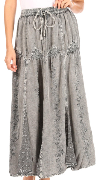 1 x RAW Customer Returns Sakkas Olivia Women s Maxi Bohemian Gypsy Long Skirt with Elastic Waist and Lace - Grey - OS - RRP €41.99