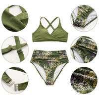 1 x RAW Customer Returns Mooncore Bikini Women Set, Push Up Crossover Bikini Top High Waist Tropical Print Bikini Swimwear Two Piece Swimsuit - RRP €30.24