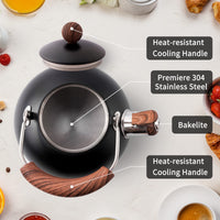 1 x Brand New Induction kettle, whistling kettle for all types of stoves, stainless steel tea kettle camping with wooden handle, cool touch handle teapot vintage 2.3L black - RRP €39.99