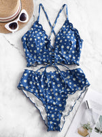 1 x RAW Customer Returns ZAFUL Women Two Piece Swimsuit Padded Leaf Print Tankini High Waist Top Mixed Swimsuit Blue Flowers. M - RRP €35.93