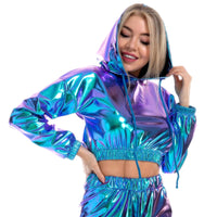 1 x RAW Customer Returns IMEKIS Women s Shiny Metallic Long Sleeve Hooded Sweatshirts Crop Top Wetlook Casual Pullover with Drawstring Holographic Hip Hop Nightclub Performance Dancewear Laser Blue S - RRP €28.38