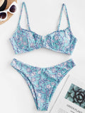 1 x RAW Customer Returns ZAFUL Bikini Frame Women Sexy Two-Piece Swimsuit Floral Print Spaghetti Brestles Blue, M-EU 38  - RRP €37.99