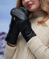 1 x Brand New YISEVEN Women s Winter Sheepskin Leather Gloves with Magnetic Buckle Leopard Fur Warm Chic Design Mittens with Zipper Gift - RRP €54.31