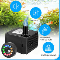 1 x RAW Customer Returns 5W 350L H Mini Water Pump, 12 LED Aquarium Pump Pond Pump Fountain Pump Small Submersible Pumps with 2 Nozzles, Adjustable Mini Pump Garden Submersible Pumps for Fountains, Rock Gardens, Ponds, Aquariums - RRP €12.1