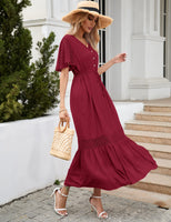 1 x RAW Customer Returns KOJOOIN women s summer dress lace short sleeve maxi dresses boho beach dress long ruffle flounce dress V-neck casual dress with buttons party dress REUSEABLE packaging , A-wine red, XXL - RRP €36.29