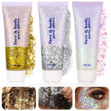 1 x RAW Customer Returns Xinstroe Pack of 3 Body Glitter Gel, Glitter Sequins Chunky Glitter Liquid Gel for Face Hair Lips Nails Make Up Cosmetics Festival Party, Silver, Gold, White - RRP €7.96