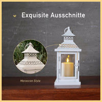 1 x RAW Customer Returns LUCOZA lantern made of metal and glass for indoor and outdoor use, including outdoor LED candle with timer, 32 cm high wireless oriental decorative hanging candle holder decor for garden outside, white - RRP €33.26