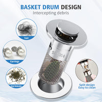 1 x RAW Customer Returns 304 stainless steel pop up drain strainer, upgraded bathroom sink plug, metal drain plug universal, wash basin plug, with filter strainer seals, drain plug for bathroom, sink and kitchen 34-40mm . - RRP €11.21