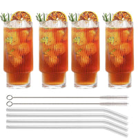 1 x RAW Customer Returns MUJUZE Ribbed Glass with Glass Straw, Set of 4-310 ml Smoothie Glass, Coffee, Long Drink, Transparent for Cocktails, Ripple Vintage Gifts - RRP €22.99