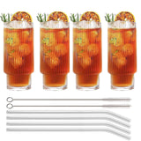 1 x RAW Customer Returns MUJUZE Ribbed Glass with Glass Straw, Set of 4-310 ml Smoothie Glass, Coffee, Long Drink, Transparent for Cocktails, Ripple Vintage Gifts - RRP €22.99