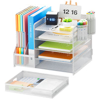 1 x RAW Customer Returns Marbrasse Desk Organizer with File Holder, 5 Levels Paper Letter Tray with Drawer and 2 Pen Holders, Desk Mesh Storage Compartments Organizer with Document Tray for Office Supplies White  - RRP €42.99