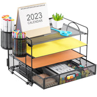 1 x RAW Customer Returns Marbrasse Desk Organizer, 4-Tier Paper Letter Tray Organizer with Drawer, 2 Pen Holders, Mesh Desk Organizer for Home, Office Supplies-Black - RRP €31.69