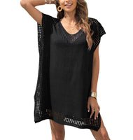 1 x RAW Customer Returns Codkkre Women s Knitted Beach Dress Summer Short Knee-Length Swimsuit Bikini Cover Up Beach Poncho V-Neck Sexy Beachwear Cutout Crochet Cover Ups, Black - RRP €22.99