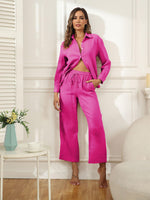 1 x RAW Customer Returns Famulily 2 Piece Women Autumn Trouser Suit Elegant Muslin Two Piece Women 48 Hot Pink M - RRP €36.29