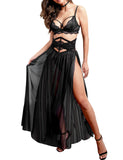 1 x RAW Customer Returns LOVE YOU SEXY Women Lace Lingerie Set Lace Bra and Belt with Long Sheer Mesh Dress Nightdress with G-string 4 Pieces Lingerie Set Black 85D - RRP €39.98