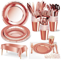 1 x RAW Customer Returns 141pcs rose gold party tableware, party accessories paper plate set, reusable paper tableware set including tablecloth plates cups napkins for birthdays, weddings, anniversaries 20 guests  - RRP €27.59